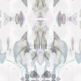 Detail of wallpaper in a watercolor paint blotch print in shades of gray and blue on a white field.