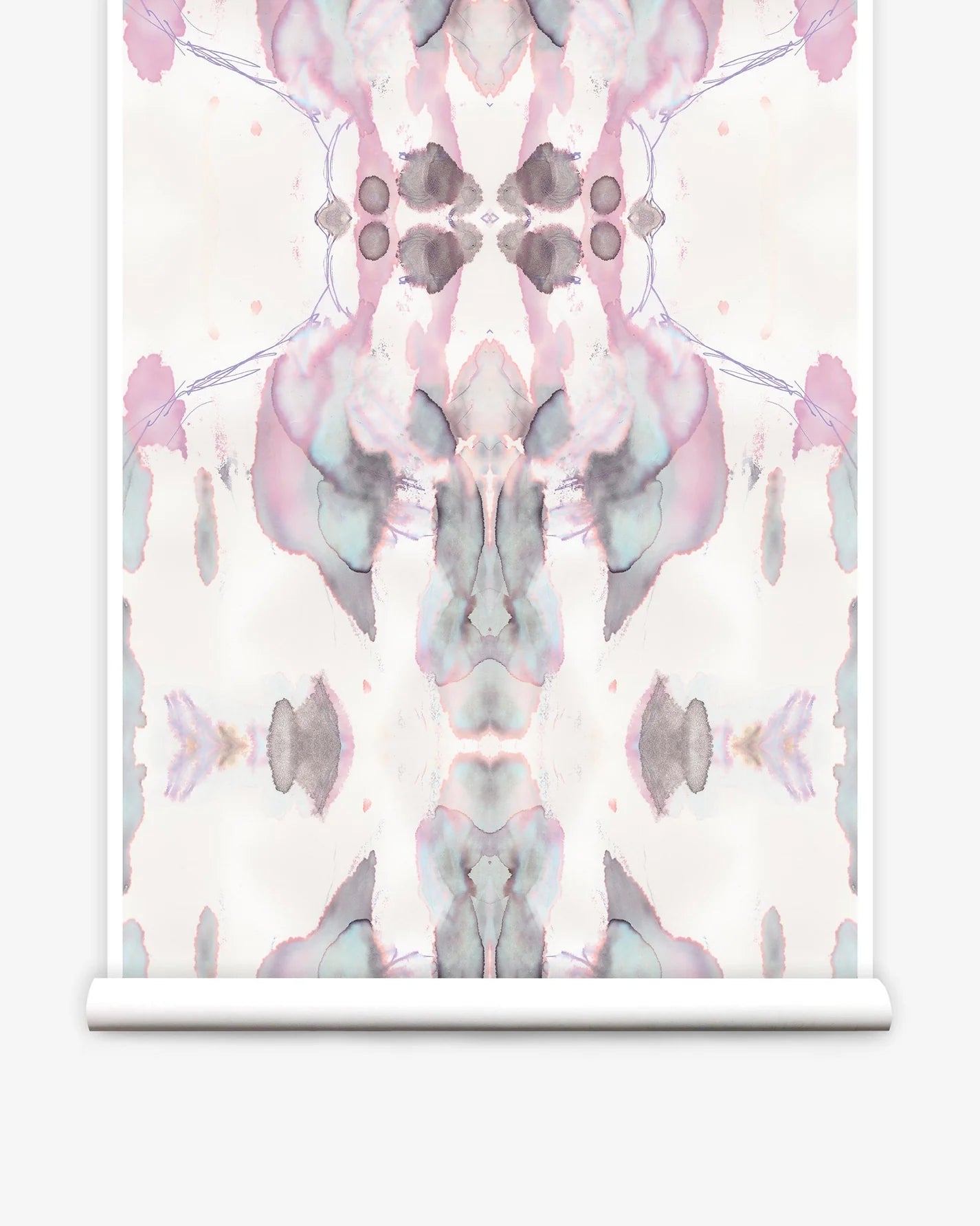 Partially unrolled wallpaper yardage in a watercolor paint blotch print in shades of gray and pink on a white field.
