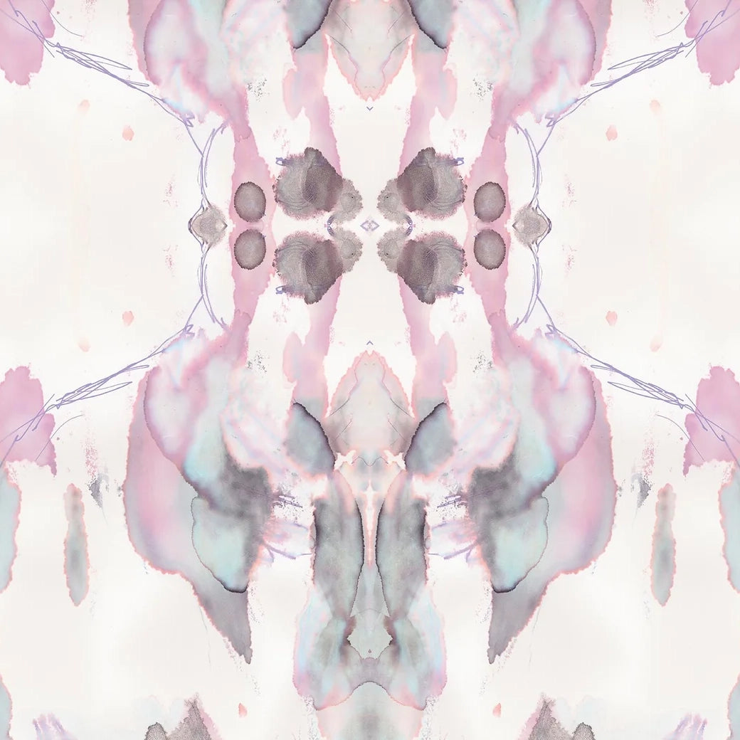 Detail of wallpaper in a watercolor paint blotch print in shades of gray and pink on a white field.