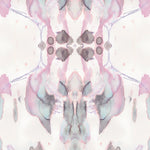 Detail of wallpaper in a watercolor paint blotch print in shades of gray and pink on a white field.