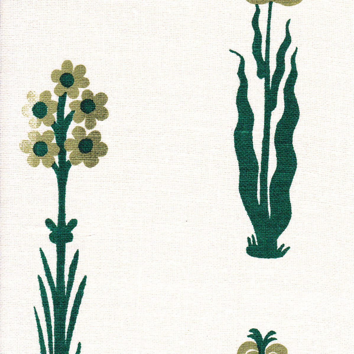 Detail of fabric in a playful floral print in shades of green and olive on a white field.