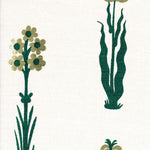 Detail of fabric in a playful floral print in shades of green and olive on a white field.