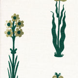 Detail of fabric in a playful floral print in shades of green and olive on a white field.