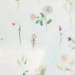 Detail of wallpaper in a painterly flower print in green and pastels on a cream field.