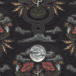 Detail of wallpaper in a playful snake, plant and moon print in shades of red, brown and gray with rhinestone accents.