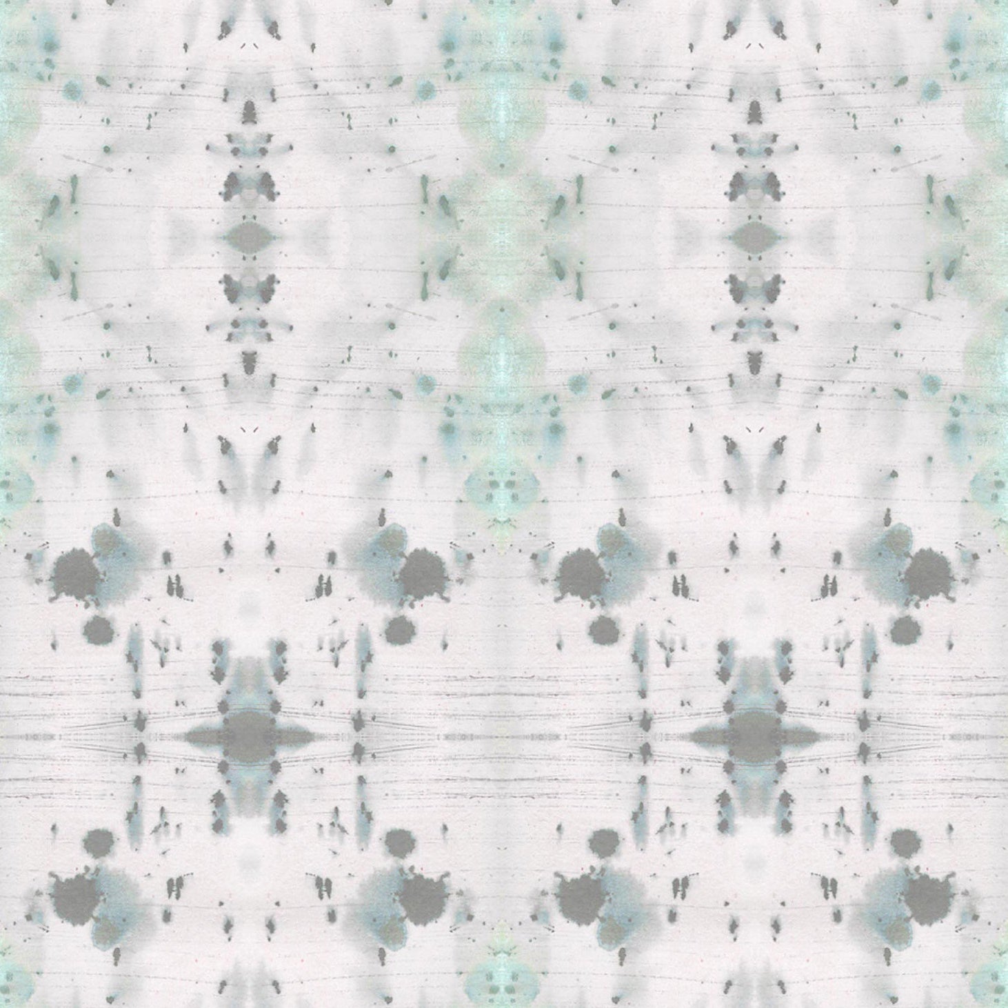 Detail of wallpaper in a watercolor ink blot print in gray and green on a cream field.