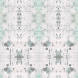 Detail of wallpaper in a watercolor ink blot print in gray and green on a cream field.