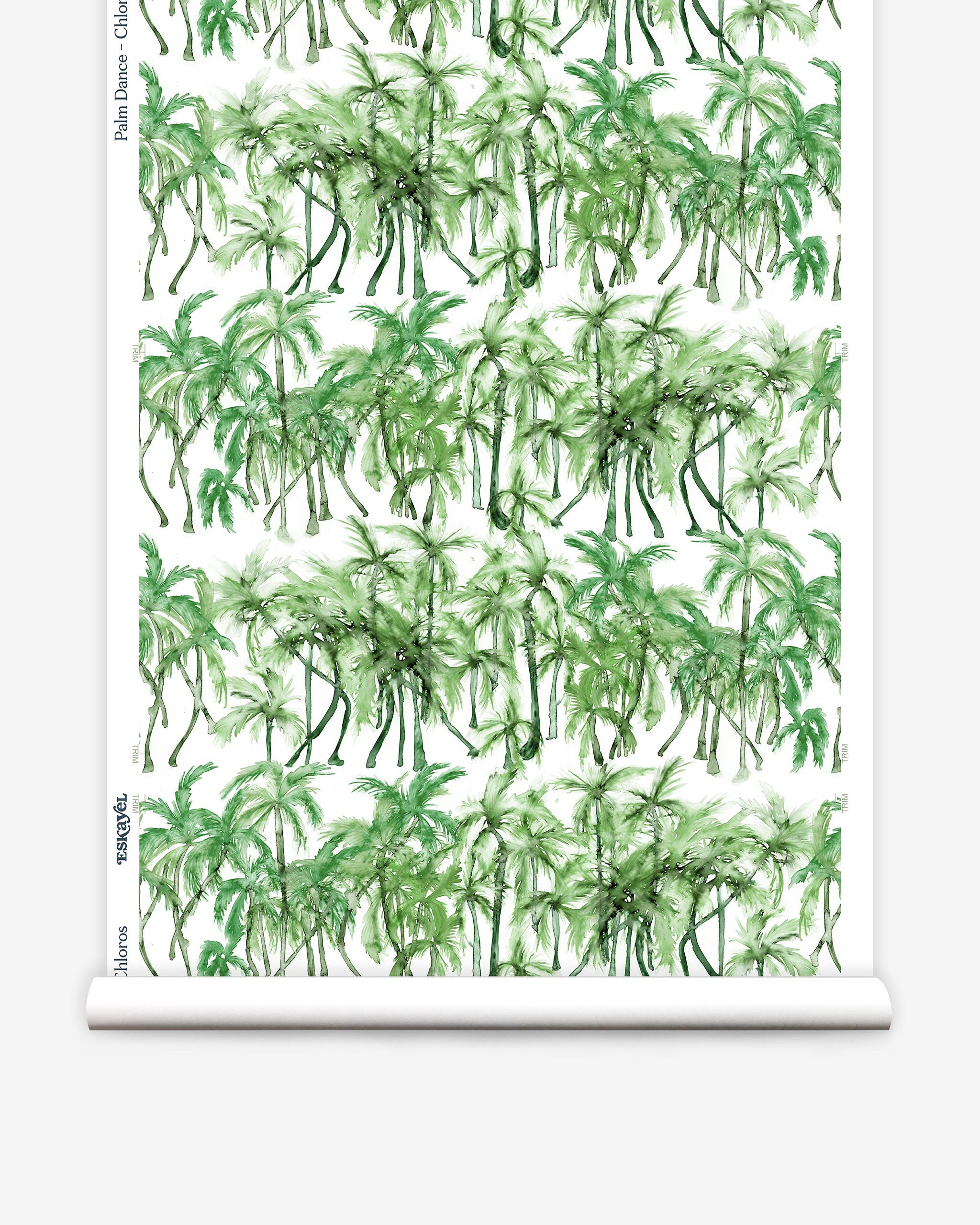 Partially unrolled wallpaper yardage in a painterly palm tree stripe print in green and white.