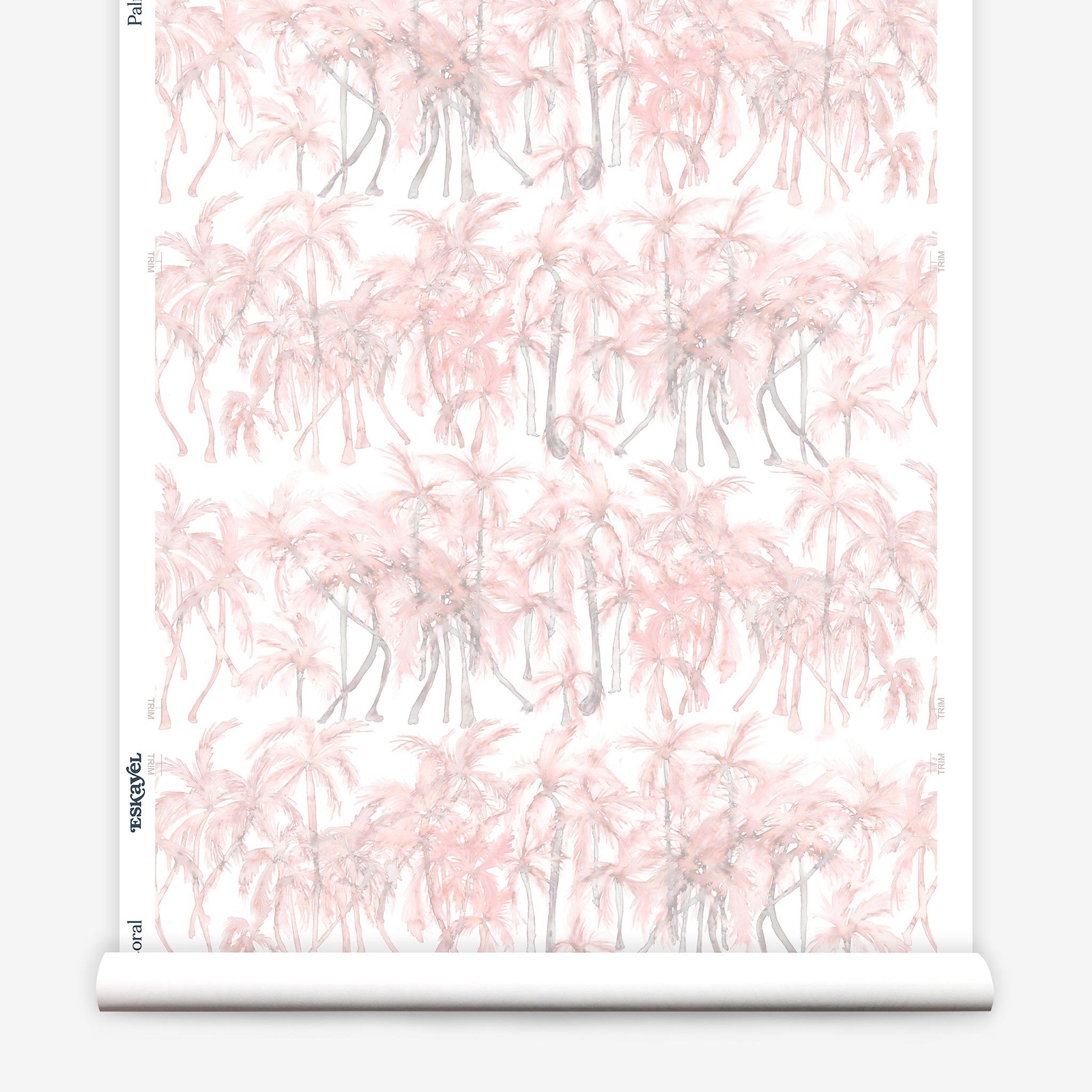 Partially unrolled wallpaper yardage in a painterly palm tree stripe print in pink, gray and white.
