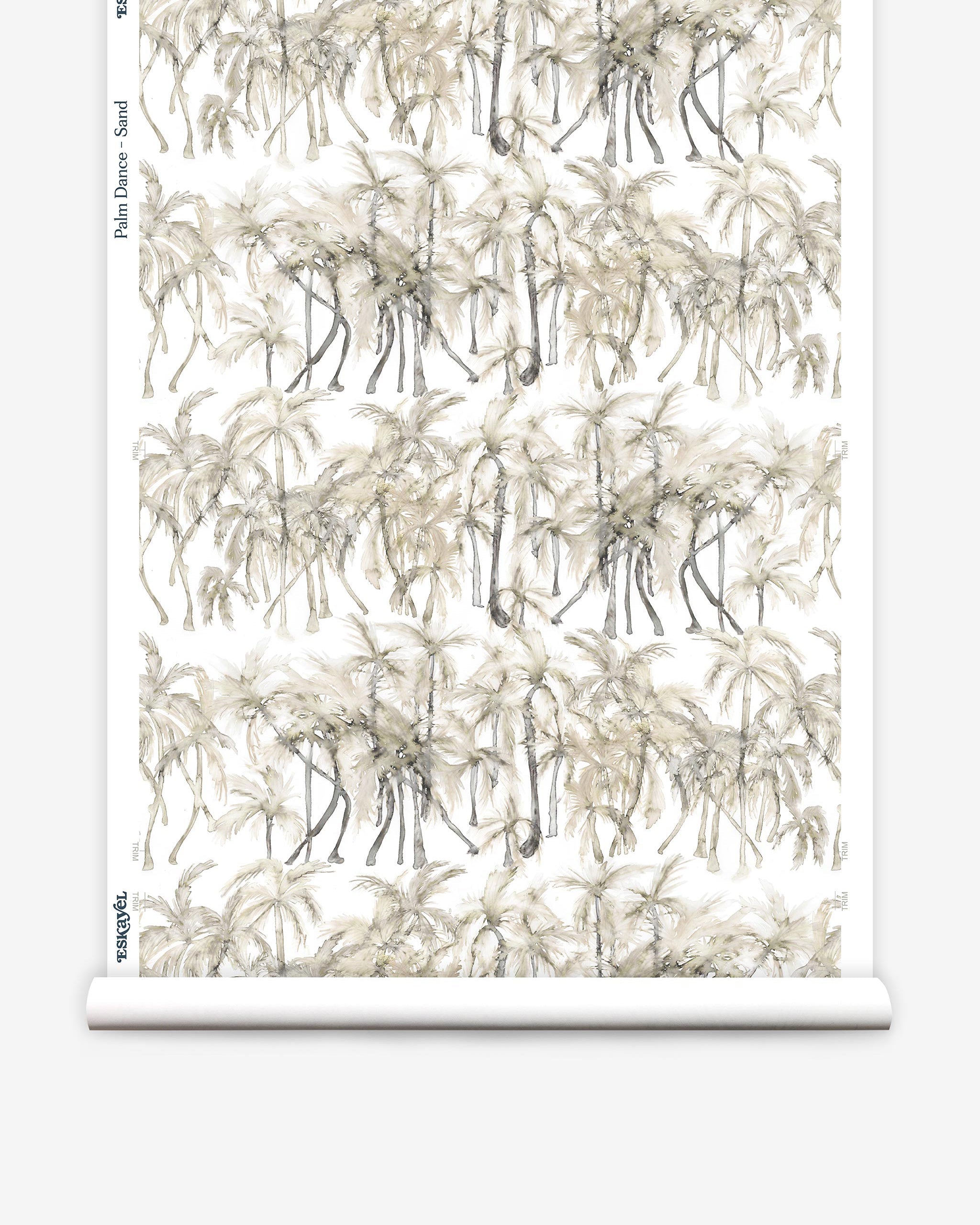 Partially unrolled wallpaper yardage in a painterly palm tree stripe print in cream, gray and white.