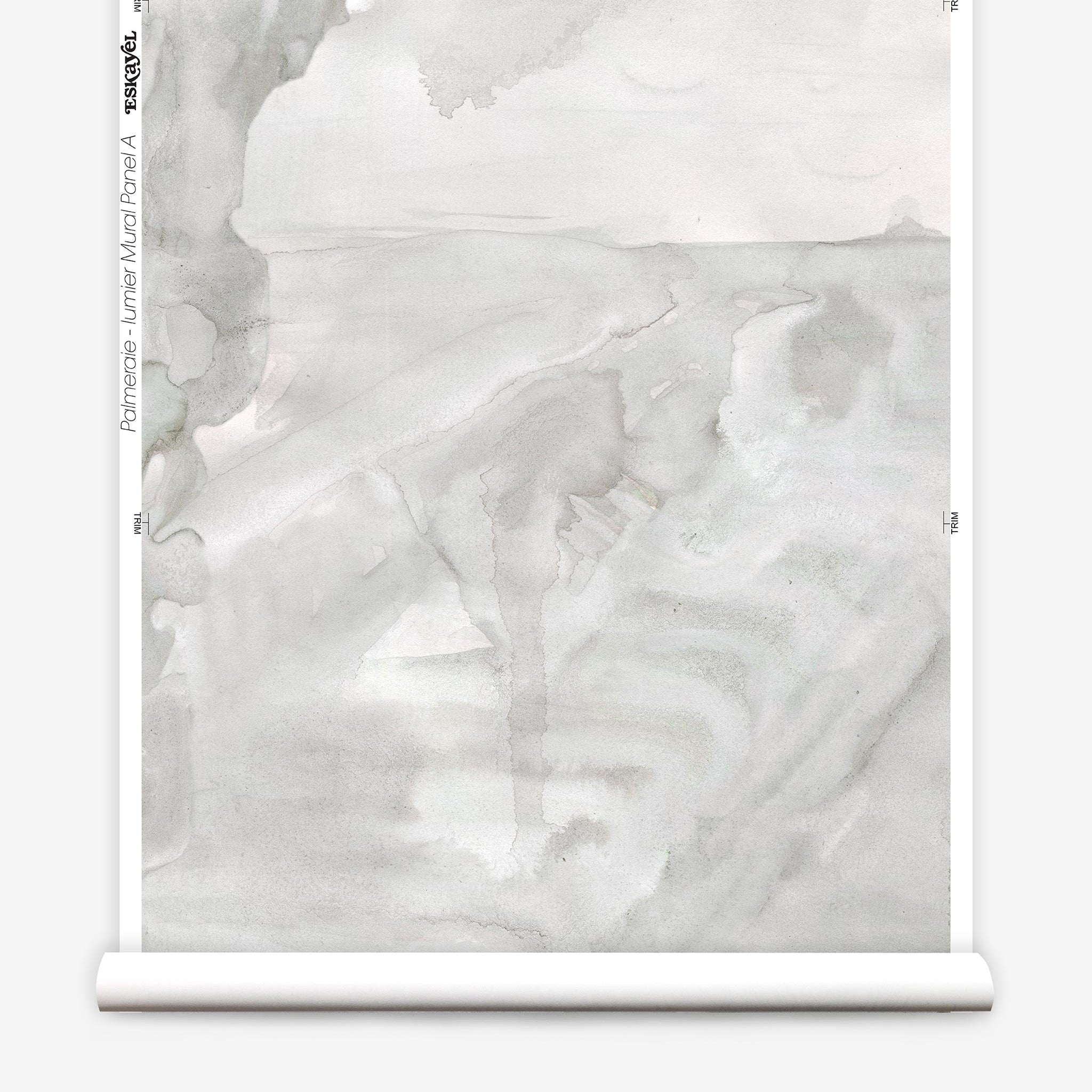 Partially unrolled wallpaper yardage in a watercolor painterly print in shades of gray and cream.