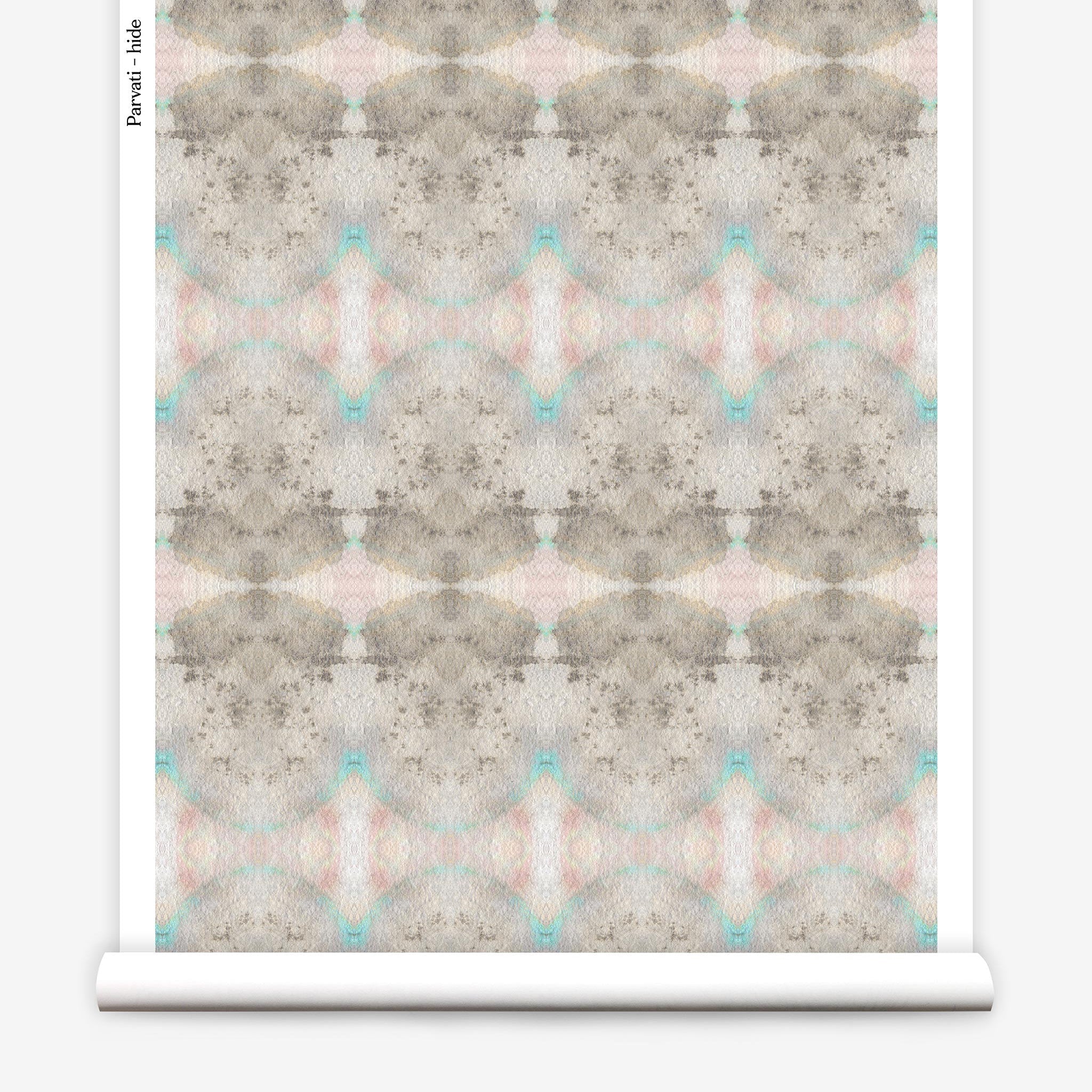 Partially unrolled wallpaper yardage in a watercolor ink blot pattern in shades of tan, turquoise and pink.