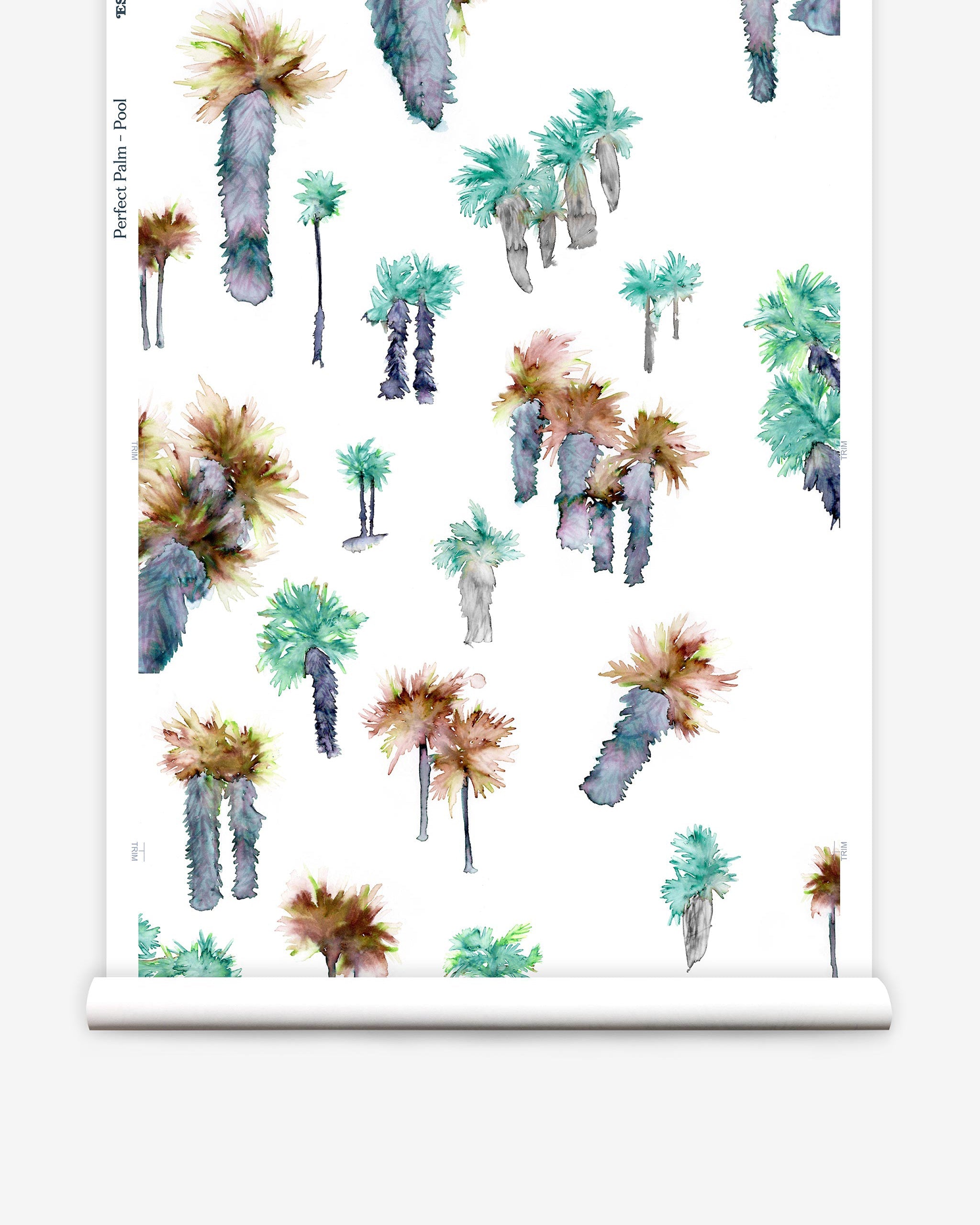 Partially unrolled wallpaper yardage in a playful palm tree print in shades of brown, gray and green on a white field.