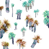 Detail of wallpaper in a playful palm tree print in shades of brown, gray and green on a white field.