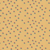 Scaled-out view of fabric in a minimal floral print in shades of pink, blue and purple on a yellow field.