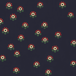 Detail of fabric in a minimal floral print in shades of red, yellow and green on a navy field.