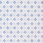 Detail of fabric in a dainty floral lattice print in blue on a white field.