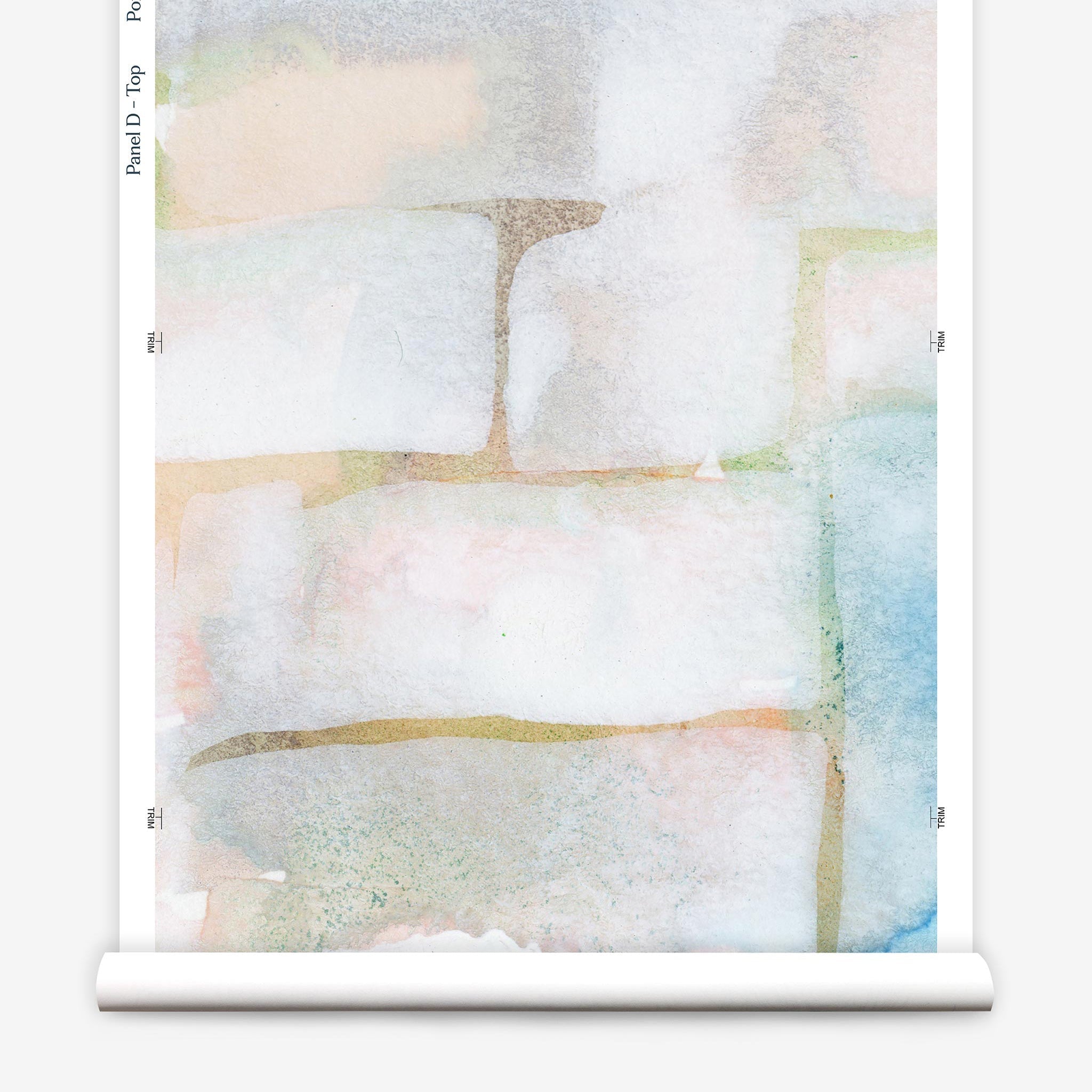 Partially unrolled wallpaper yardage in a watercolor grid print in pastels.