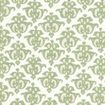 Detail of fabric in a repeating damask print in green and cream on a white field.