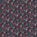 Scaled-out view of fabric in a painterly abstract print in shades of turquoise, purple and pink.