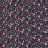 Scaled-out view of fabric in a painterly abstract print in shades of turquoise, purple and pink.
