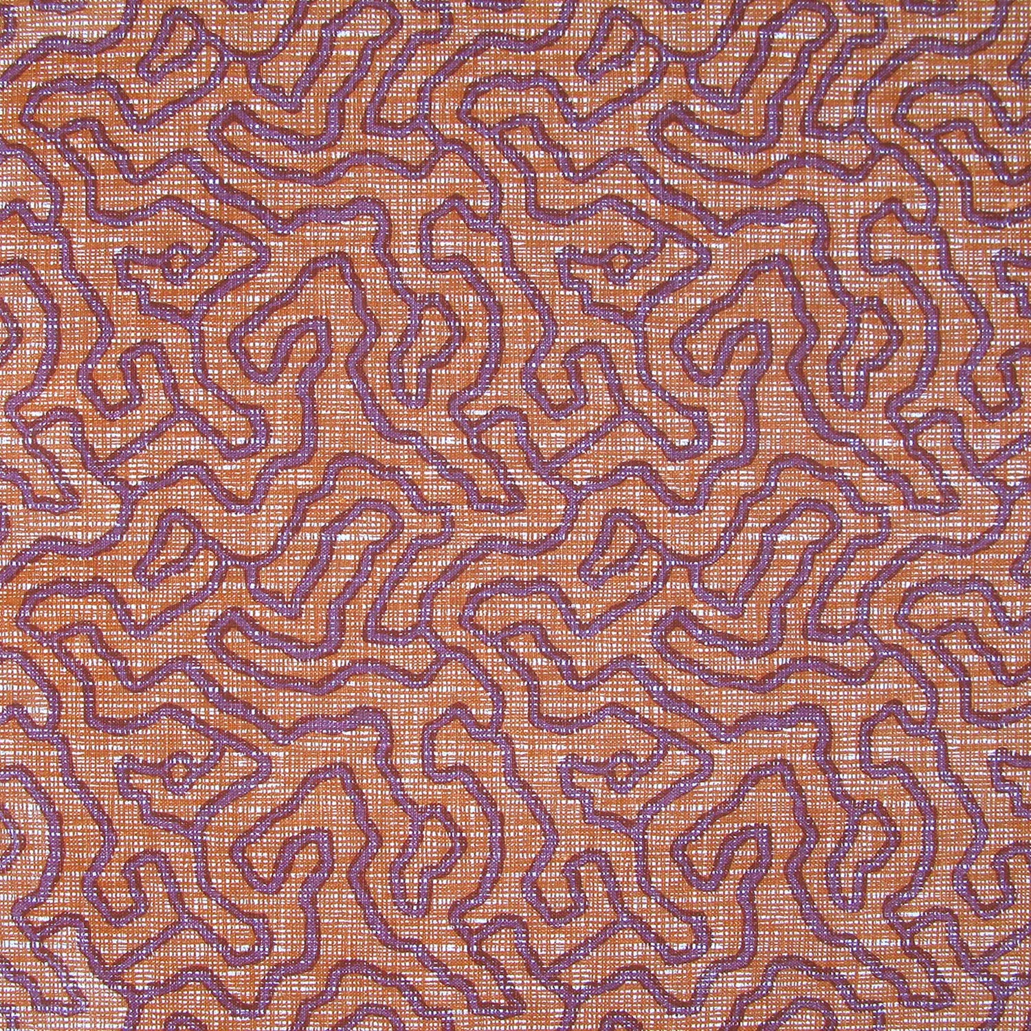 Printed fabric in a meandering hand drawn line pattern in purple on an orange field. 