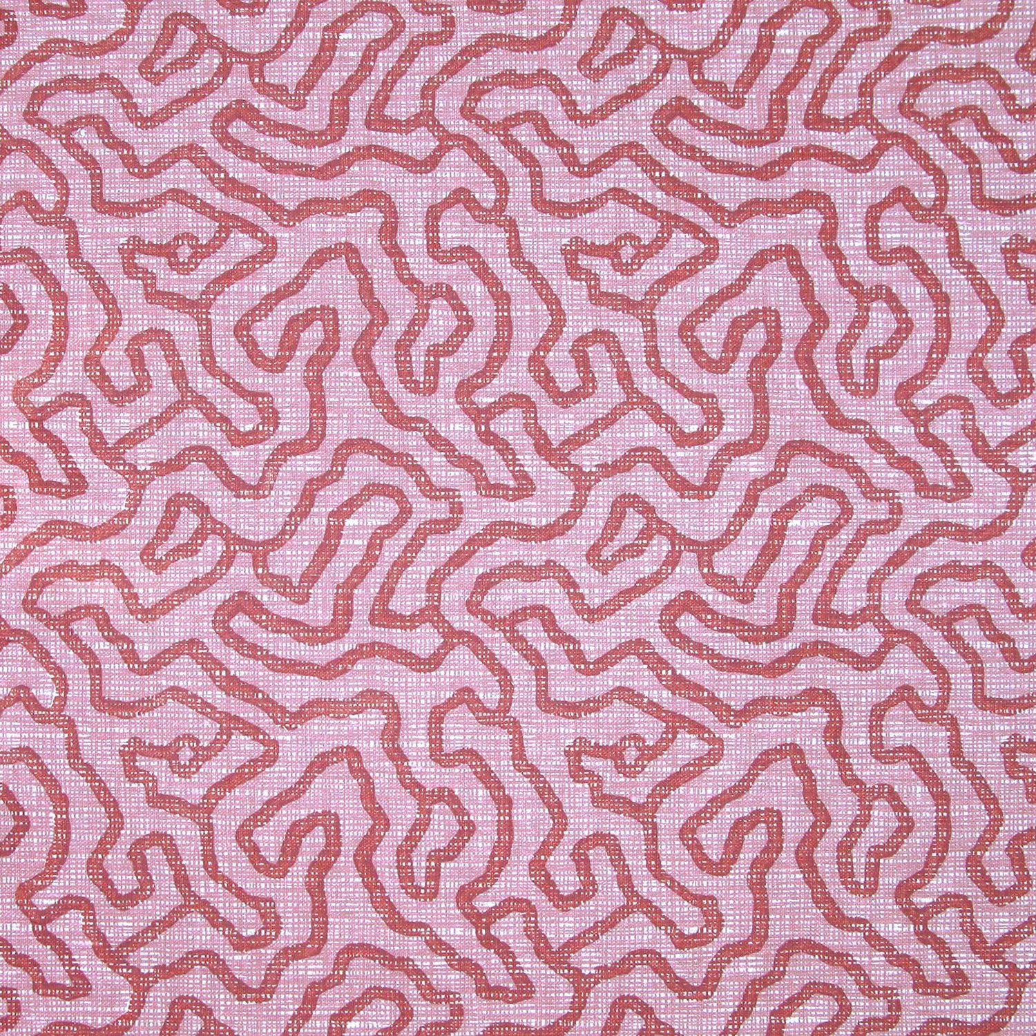 Printed fabric in a meandering hand drawn line pattern in red on a pink field. 