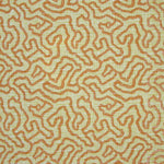 Printed fabric in a meandering hand drawn line pattern in orange on a green field.