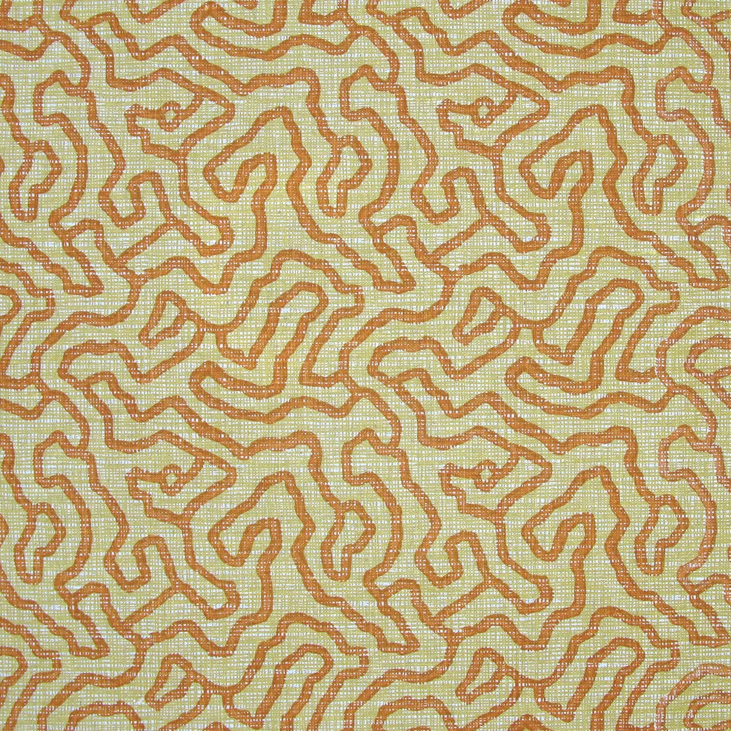 Printed fabric in a meandering hand drawn line pattern in orange on a green field.