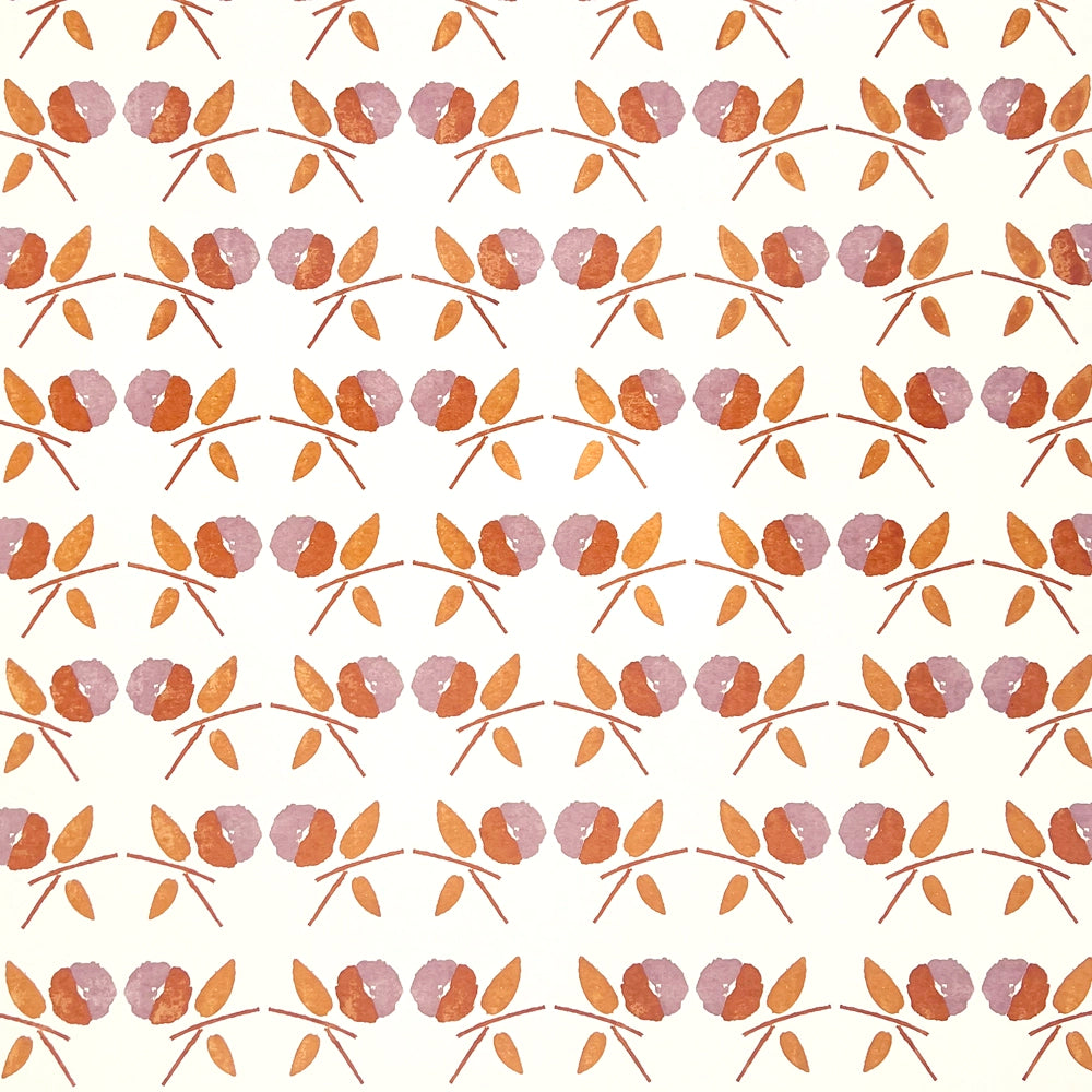 Printed wallpaper in a small scale watercolor floral in orange and purple. 