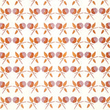 Printed wallpaper in a small scale watercolor floral in orange and purple. 
