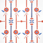 Printed wallpaper in a small scale floral stripe in red and blue.