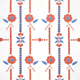 Printed wallpaper in a small scale floral stripe in red and blue.