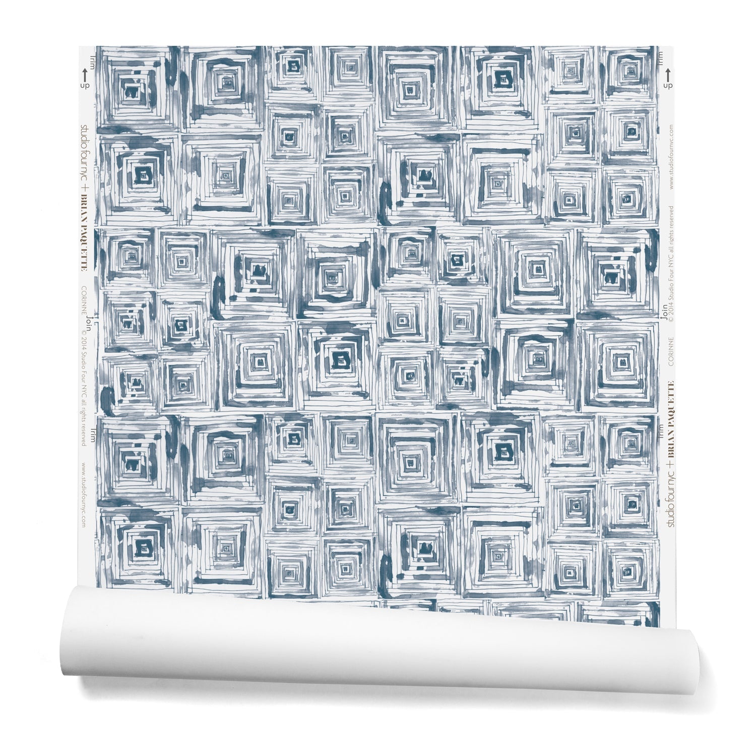Partially unrolled wallpaper in a dense hand-drawn geometric motif in shades of navy on a white background.