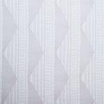 Sheer linen fabric swatch in a horizontal stripe pattern broken with triangluar shapes, in shades of white.