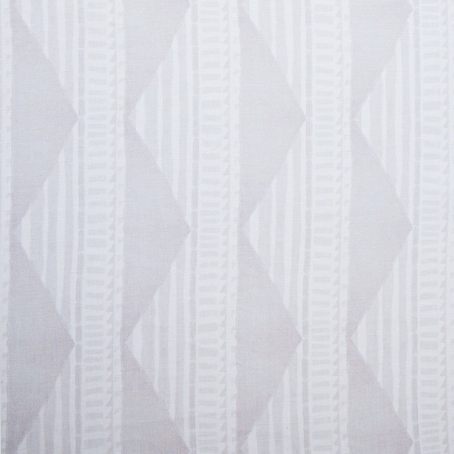 Sheer linen fabric swatch in a horizontal stripe pattern broken with triangluar shapes, in shades of white.