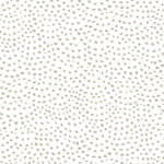 Detail of wallpaper in a scalloped dot print in tan on a white field.