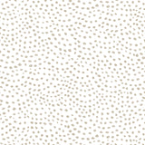 Detail of wallpaper in a scalloped dot print in tan on a white field.