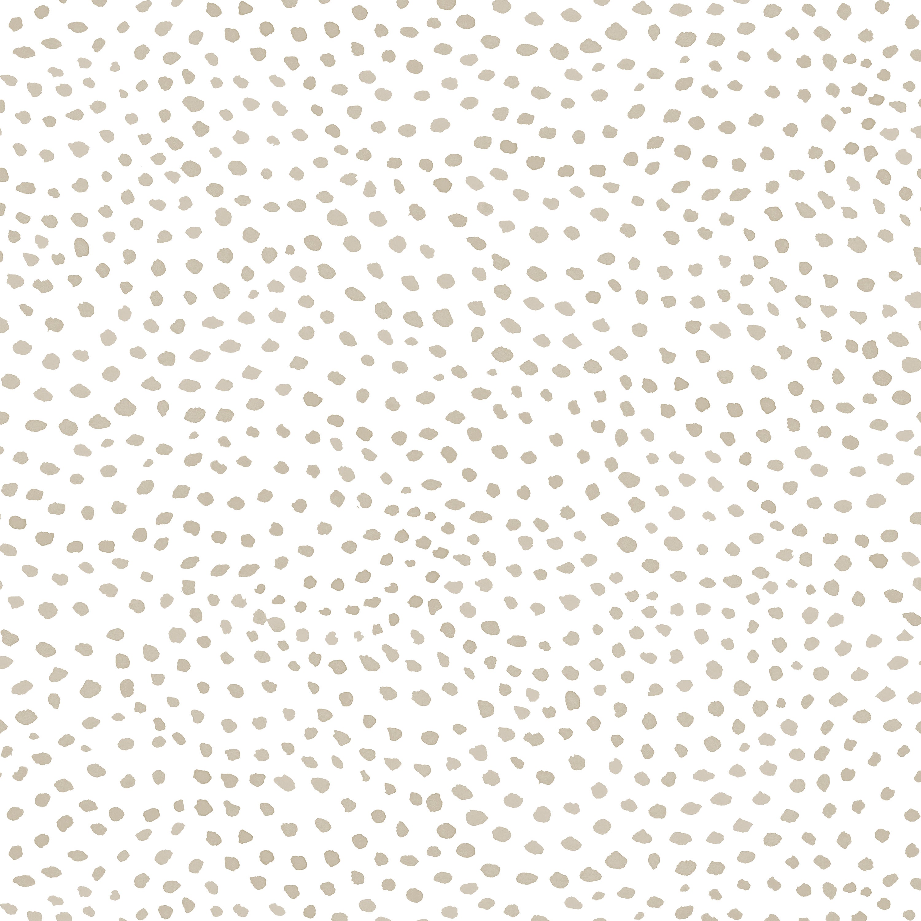 Detail of wallpaper in a scalloped dot print in tan on a white field.
