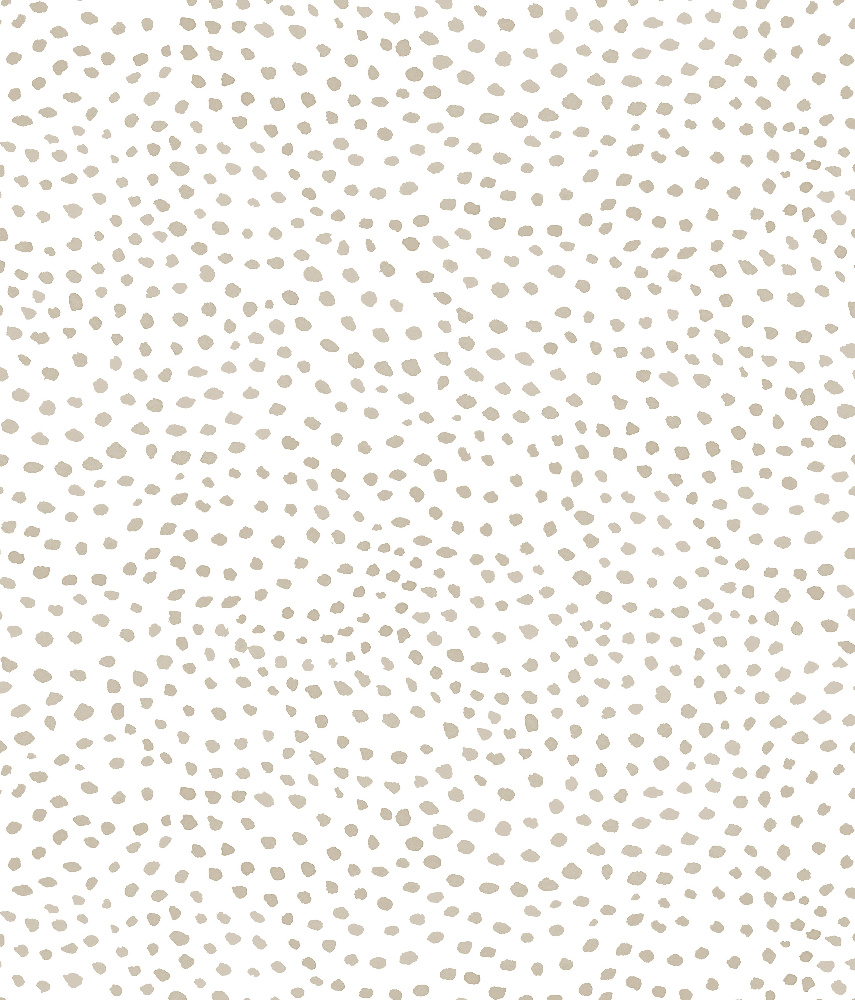 Detail of wallpaper in a scalloped dot print in tan on a white field.