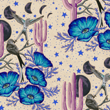 Scaled-out view of wallpaper in a desert print with a cactus, birds, flowers and moon. Colors are gray, tan, pink and blue.