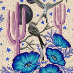 Detail of wallpaper in a statement desert print with a cactus, birds, flowers and moon. Colors are gray, tan, pink and blue.