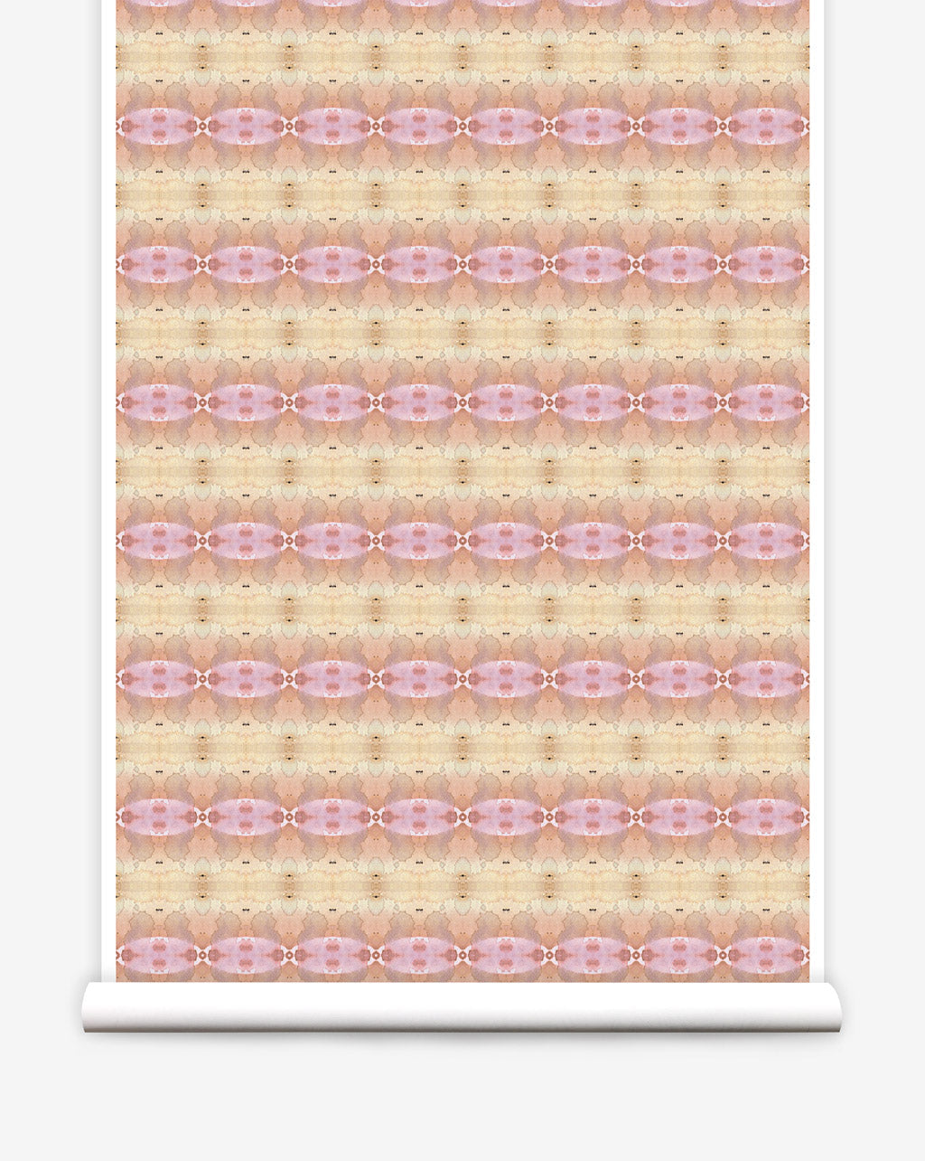 Partially unrolled wallpaper yardage in a gridded paint splatter print in shades of pink, orange, yellow and white.
