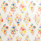 Detail of fabric in a painterly floral print in multicolor pastels on a white field.