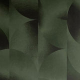 Detail of wallpaper in an abstract curvilinear print in mottled green and black.