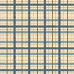 Detail of wallpaper in a squiggly check pattern in blue, green and gold on a light yellow field.