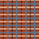 Detail of fabric in a squiggly check pattern in blue, cream and black on a red field.