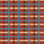 Detail of wallpaper in a squiggly check pattern in blue, cream and black on a red field.