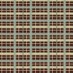 Detail of wallpaper in a squiggly check pattern in blue, green and cream on a brown field.
