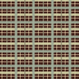 Detail of wallpaper in a squiggly check pattern in blue, green and cream on a brown field.